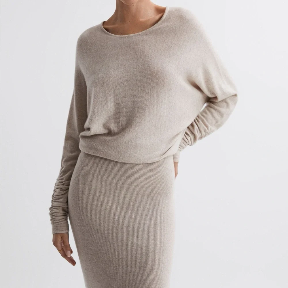 Reiss Leila Neutral Wool Blend Ruched Sleeve Dolman Midi Sweater Dress Size L - Picture 2 of 10